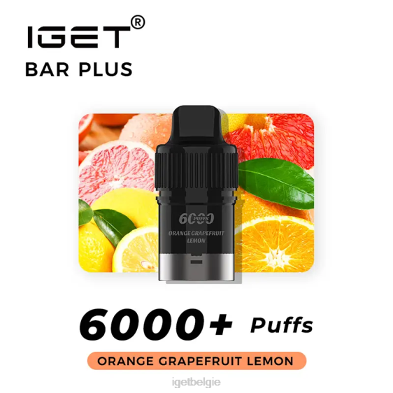 IGET Vape Quality nicotinevrije reep plus pod 6000 trekjes 806F380 sinaasappel grapefruit citroen